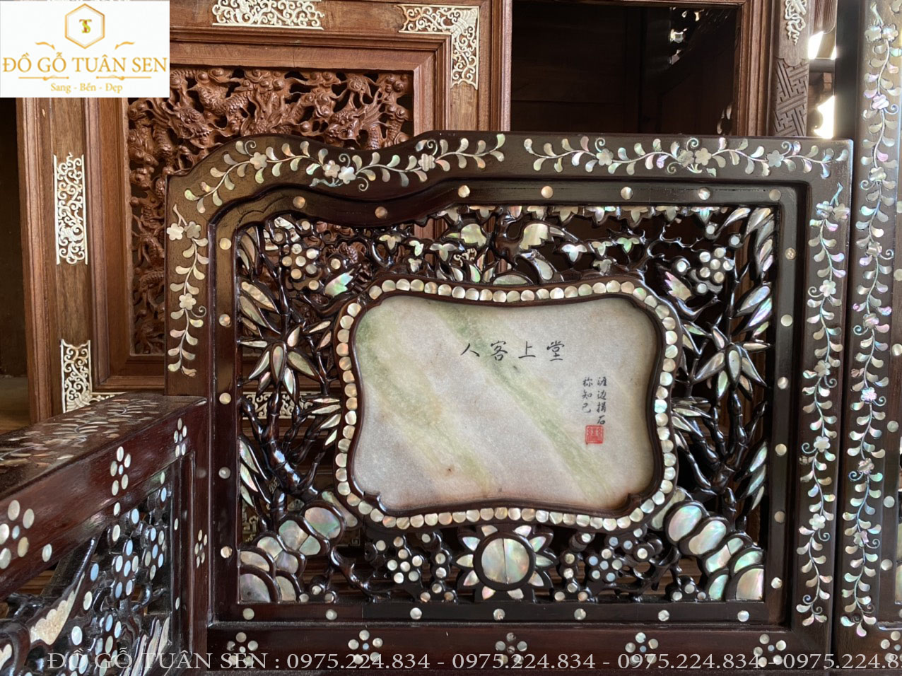 Hình ảnh chi tiết bộ trường kỷ tam sỏn khảm ốc gỗ gụ 